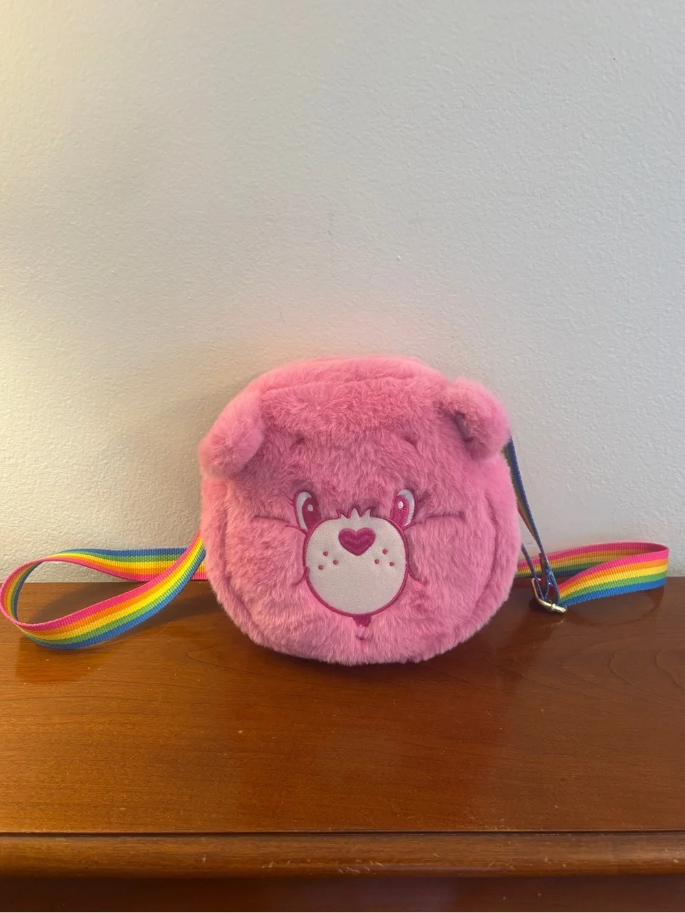 Care Bears Cheer Bear Pink Plush Crossbody Bag Rainbow Strap NWOT